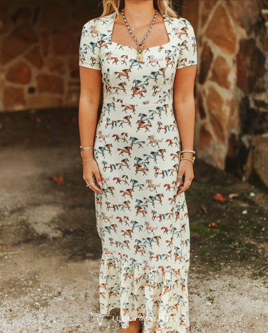Lucky & Blessed Horse Printed Ruffle Hem Dress