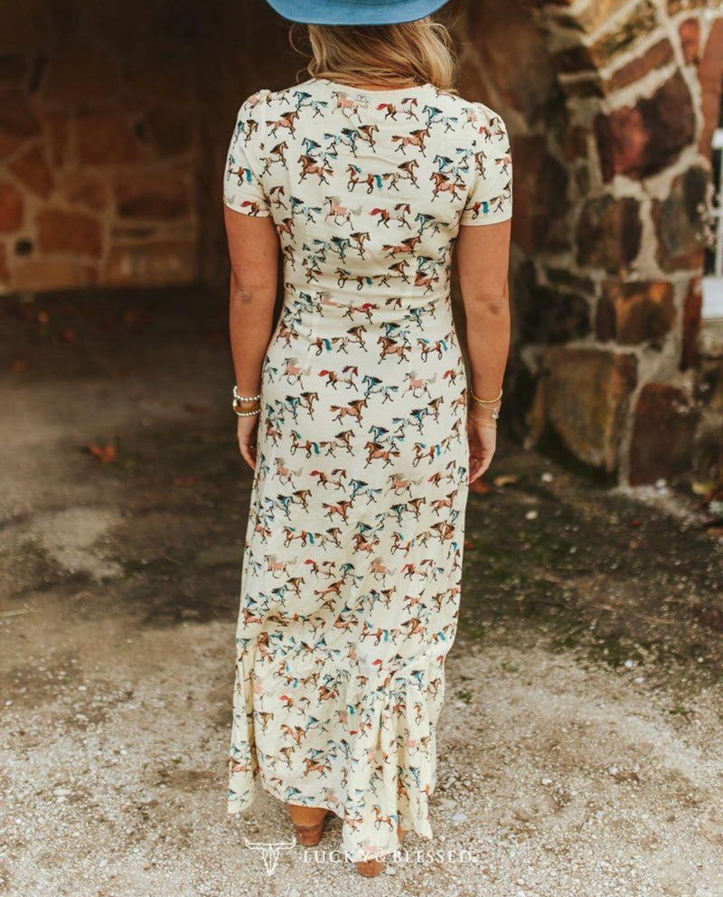 Load image into Gallery viewer, Lucky &amp; Blessed Horse Printed Ruffle Hem Dress
