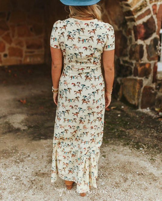 Lucky & Blessed Horse Printed Ruffle Hem Dress