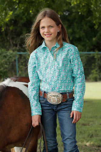 GIRLS GEOMETRIC PRINT BUTTON-DOWN WESTERN SHIRT - TURQUOISE