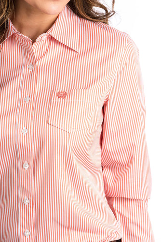 Women's TENCEL™ Coral and White Stripe Button-Up Shirt