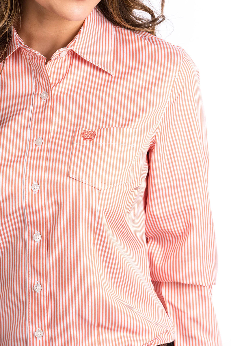 Load image into Gallery viewer, Women&#39;s TENCEL™ Coral and White Stripe Button-Up Shirt
