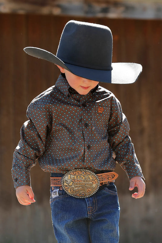 Cinch Boys Toddler Geometric Print Button Down Western Shirt - Brown